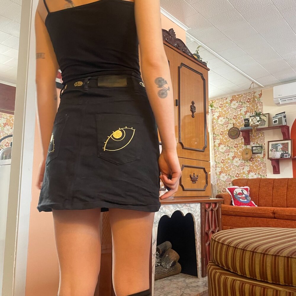Black and gold embroidered zodiak denim jean mini skirt! - Picture 2 of 13